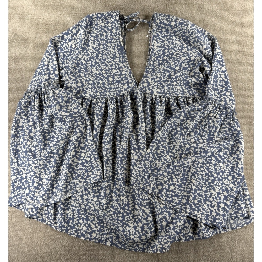 Pink Lily Blue White Floral Peplum Blouse Women's M Long Bell Sleeve V Neck Top